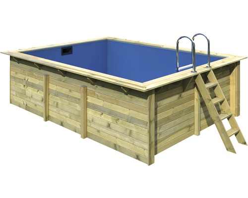 Kit de piscine hors sol en bois Karibu taille 2 rectangulaire 350x440x124 cm avec intissé de protection du sol, habillage intérieur avec rebord de fixation et échelle