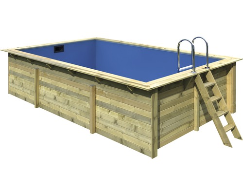 Kit de piscine hors sol en bois Karibu taille 3 rectangulaire 530x350x125 cm avec intissé de protection du sol, habillage intérieur avec rebord de fixation et échelle avec plateforme