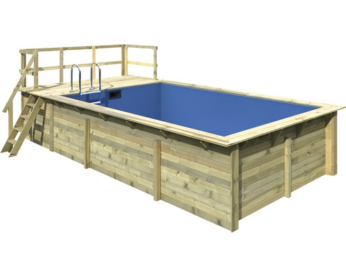 Kit de piscine hors sol en bois Karibu taille 3 rectangulaire 672x353x124 cm avec intissé de protection du sol, habillage intérieur avec rebord de fixation et échelle avec plateforme