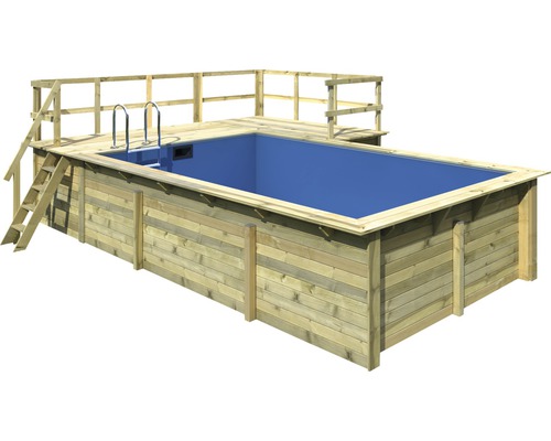 Kit de piscine hors sol en bois Karibu taille 3 rectangulaire 672x483x124 cm avec intissé de protection du sol, habillage intérieur avec rebord de fixation et échelle avec plateforme en L