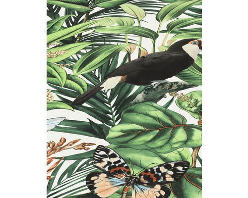 Deko Tapete mit tropischem Muster, Blättern, Schmetterlingen und Vogel