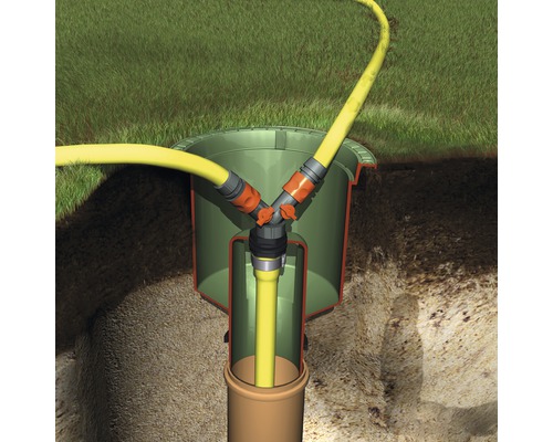 Bewässerungsbox mit Schlauchanschluss und Erdspieß für den Garten