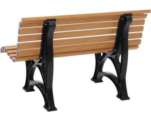 Vue arrière d''un banc de parc avec des lattes en bois et des pieds en fonte