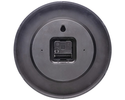 Arrière d''une horloge murale ronde avec compartiment à piles et dispositif de suspension