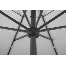 Detailansicht eines geöffneten Sonnenschirms mit Fokus auf die Streben und den Mast