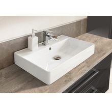 Keramikwaschbecken mit Armatur, Seifenspender und Ablaufgarnitur auf Waschtischplatte