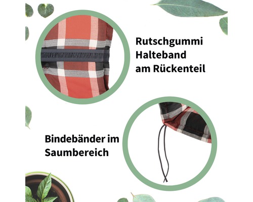 Gummiband am Rückenteil und Bindebänder am Saum