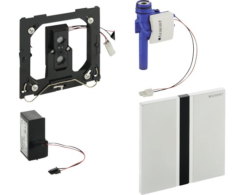 Geberit Urinalsteuerung mit Betätigungsplatte, Montageelement und weiterem Zubehör