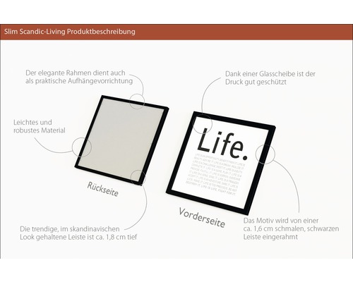 Nahaufnahme eines Bilderrahmens mit dem Wort Life in schwarzer Schrift auf weißem Hintergrund.