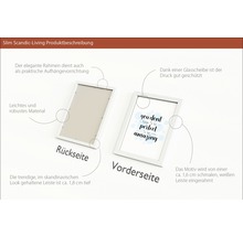 Produktbeschreibung eines Bilderrahmens mit schmaler, weißer Leiste und Aufhängevorrichtung.