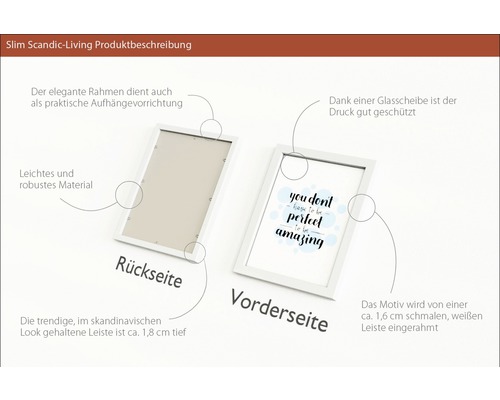 Produktbeschreibung eines Bilderrahmens mit schmaler, weißer Leiste und Aufhängevorrichtung.