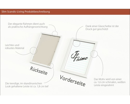 Produktbeschreibung: Vorder- und Rückseite eines weißen Bilderrahmens mit Aufhängvorrichtung