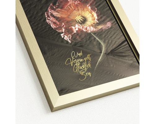 Gerahmtes Bild mit Blumenmotiv und deutschem Schriftzug