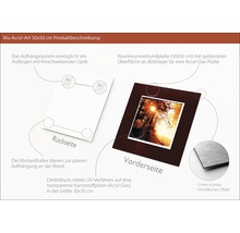 Description du produit d''une plaque en verre acrylique aluminium 50x50 cm avec système de suspension et entretoises