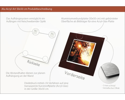 Description du produit d''une plaque en verre acrylique aluminium 50x50 cm avec système de suspension et entretoises