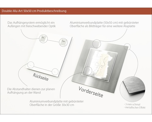 Produktbeschreibung der Double-Alu-Art 50x50 cm mit Aufhängesystem und Aluminiumverbundplatte.