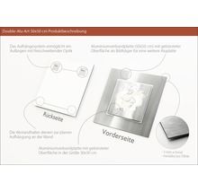 Doppel Aluminium Kunst 50x50 cm Produktbeschreibung mit Aufhängesystem auf der Rückseite und Aluminiumverbundplatte mit gebürsteter Oberfläche auf der Vorderseite