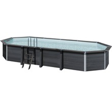 Ensemble de piscine hors sol en bois composite Gre ovale 804x386x124 cm avec groupe de filtration à sable, skimmer, échelle, sable de filtration et intissé de protection du sol gris-thumb-0