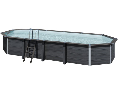 Kit de piscine hors sol en bois composite Gre rectangulaire 606x326x124 cm  avec groupe de filtration à sable, skimmer, échelle, sable filtrant et  tapis de sol gris - HORNBACH