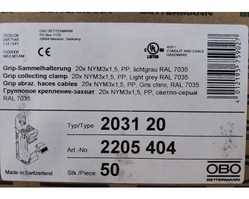 OBO Bettermann Bride de serrage, 20 pièces NYM3x1,5, PP, gris clair RAL 7035