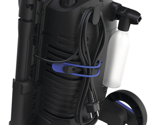Vue arrière du nettoyeur haute pression avec câble d''alimentation et flacon de nettoyage