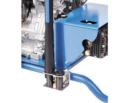 Vue détaillée d''un appareil de construction bleu avec moteur et support