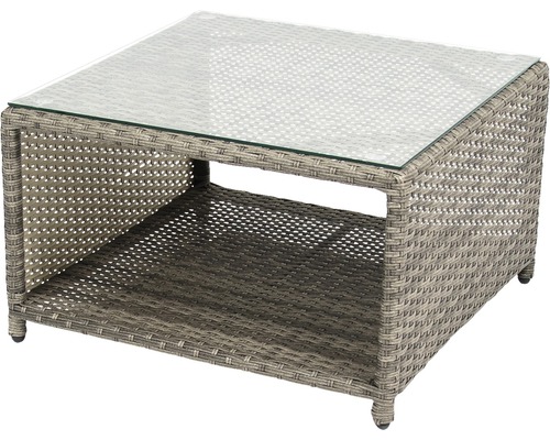 Table de jardin carrée en rotin avec plateau en verre et compartiment de rangement