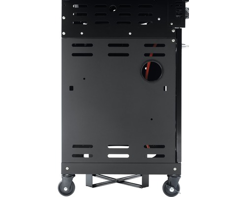 Vue détaillée d''un barbecue à gaz noir avec des roues pour une mobilité facile