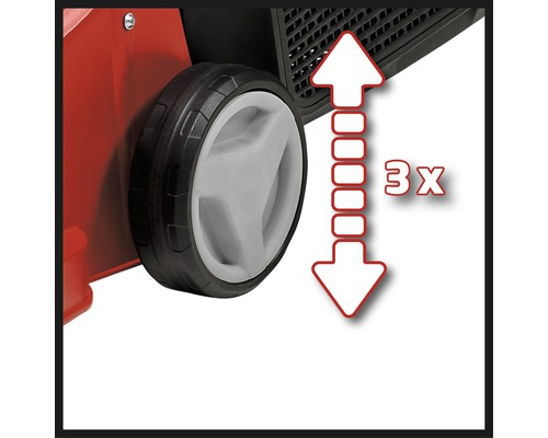 Dreifach höhenverstellbares Rad an einem Gartengerät.