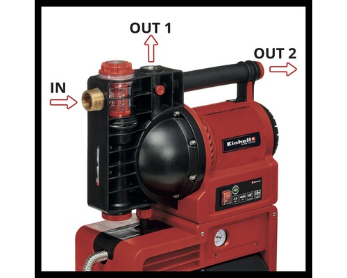 Detailansicht einer Einhell Hauswasserpumpe mit Markierungen für Eingang und Ausgänge