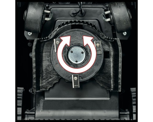 Illustration de la fonction de fauchage tournant d''un robot de tonte avec des flèches.