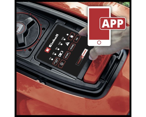 Logo Einhell sur le panneau de commande d''un robot de tonte avec fonction application