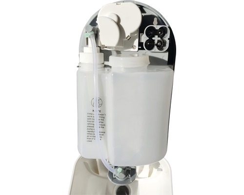 Innenansicht eines Seifenspenders mit Flüssigkeitsbehältern und Batteriefach