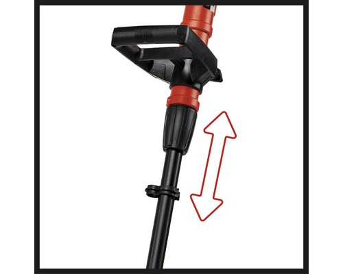 Detailansicht eines Rasentrimmers mit verstellbarem Griff und Pfeil zur Anzeige der Höhenverstellung