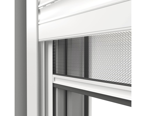 Vue détaillée d''une fenêtre avec volet roulant et moustiquaire