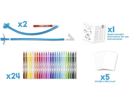 Inhalt eines Zeichensets mit zwei Ballons, vierundzwanzig Stiften, fünf Blatt Papier und einer Bedienungsanleitung