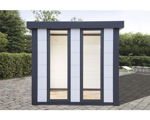 Modernes Gartenhaus mit zwei Fenstern und Paneelverkleidung