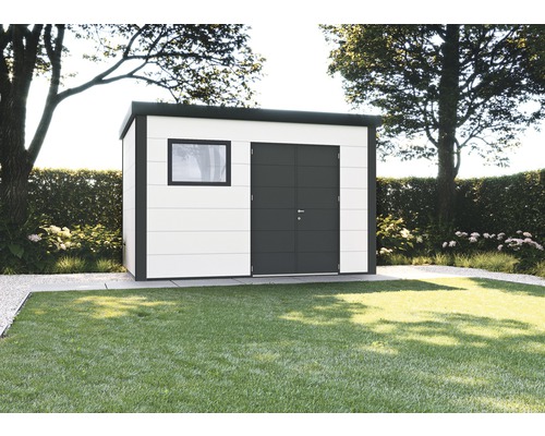 Abri de jardin moderne avec fenêtre et double porte dans le jardin