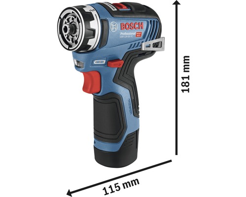 Visseuse-perceuse sans fil Bosch Professional GSR 12V-35 FC, dimensions 181 mm de hauteur et 115 mm de longueur
