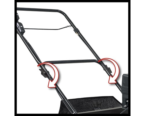 Detailaufnahme eines Rasenmähers mit Hinweisen zur Einstellung des Führungsholms