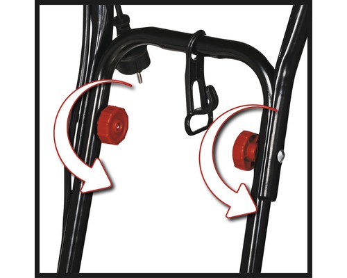 Vue détaillée d''un outil de jardin avec des vis de réglage rouges et des flèches pour illustrer le fonctionnement.