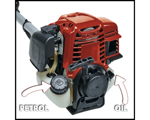 Detailansicht eines Rasentrimmers mit Hinweisen auf Benzin- und Ölbehälter