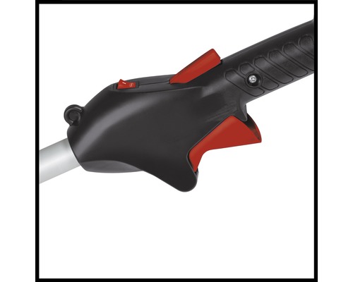 Detailaufnahme eines Rasentrimmers mit Schalter und Griff