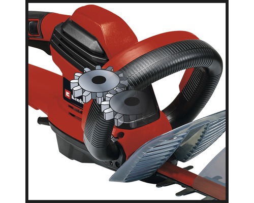 Gros plan sur un taille-haie Einhell rouge avec illustration d''engrenages
