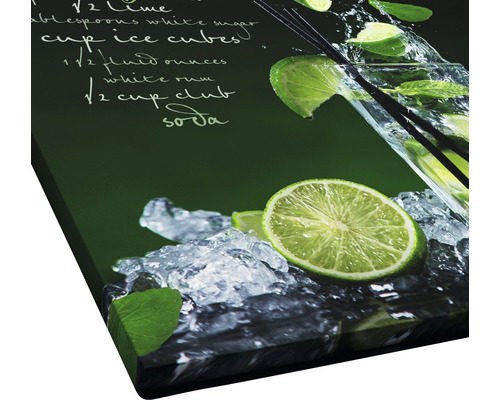 Dekoratives Wandbild mit Mojito Rezept, Limetten, Eiswürfeln und Soda