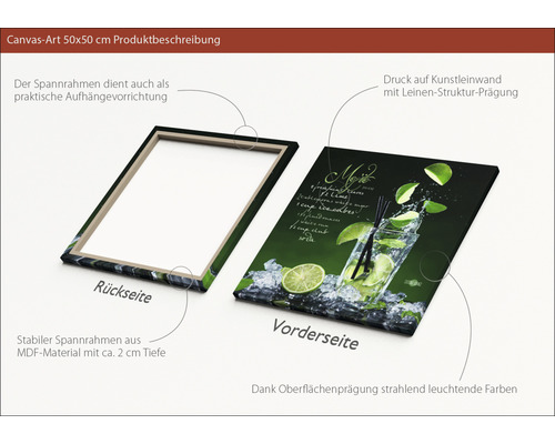 50x50 Zentimeter großes Leinwandbild mit Mojito-Motiv und MDF-Rahmen
