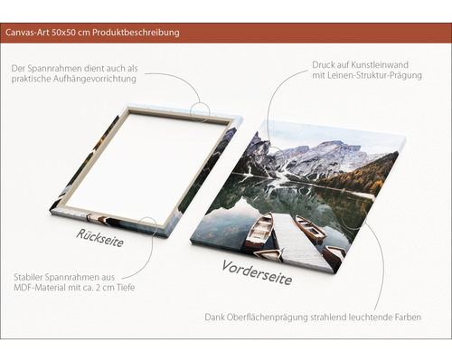 Leinwandbild 50x50 Zentimeter mit MDF Rahmen, Vorder- und Rückseite Ansicht