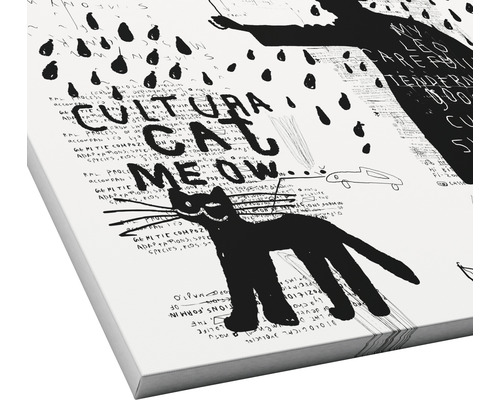 Tableau sur toile avec un chat noir et des gribouillis ressemblant à des graffitis