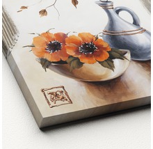 Gemälde mit Blumen und Krug in gedämpften Farbtönen