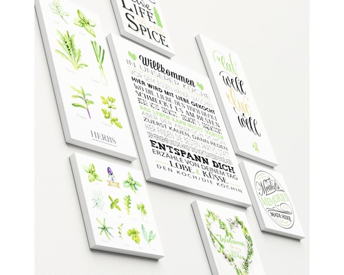 Collage aus Küchenbildern mit Kräutermotiven und Sprüchen